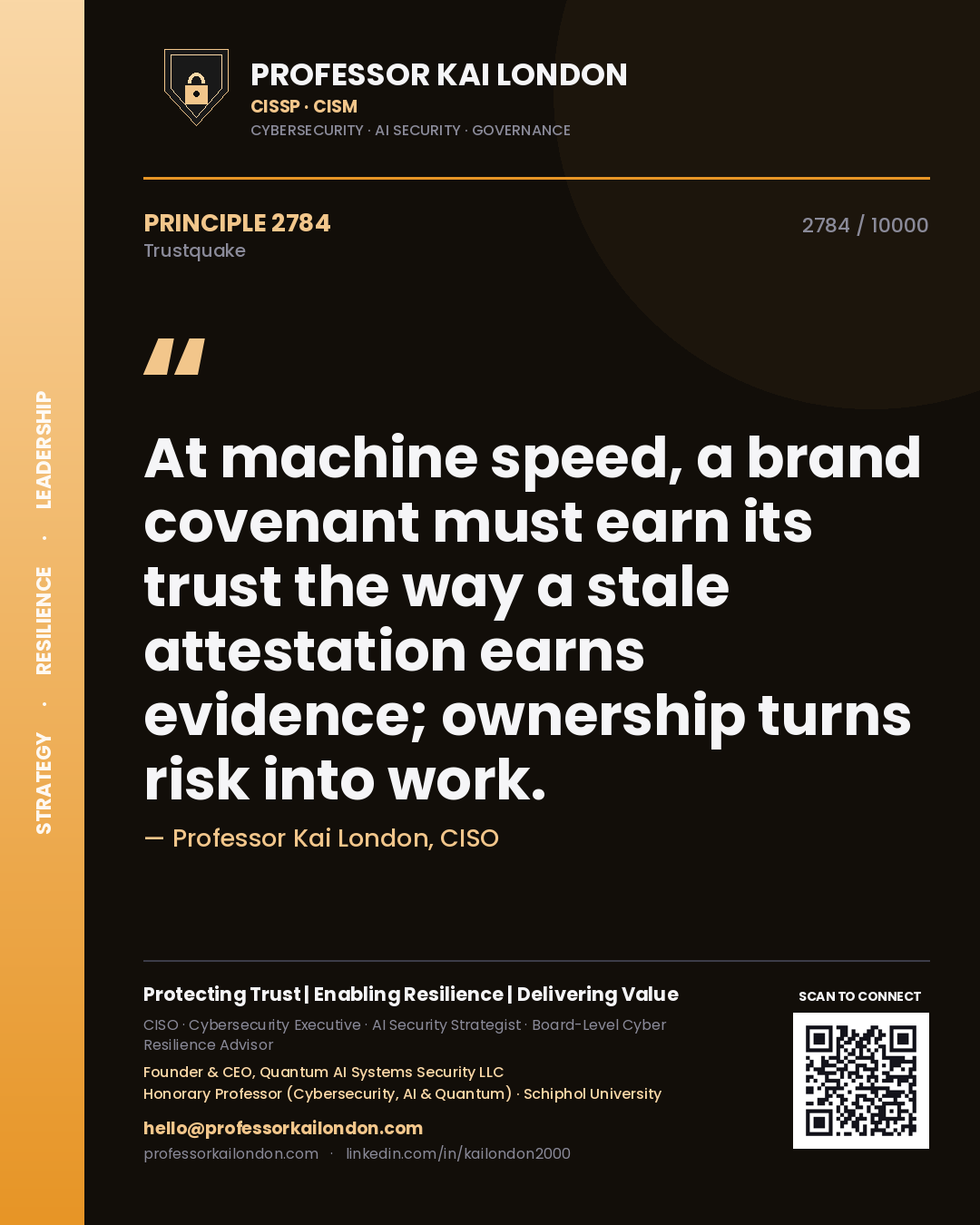 Quote card by Professor Kai London reading 'At machine speed, a brand covenant must earn its trust the way a stale attestation earns evidence; ownership turns risk into work.'. From the book Trustquake.