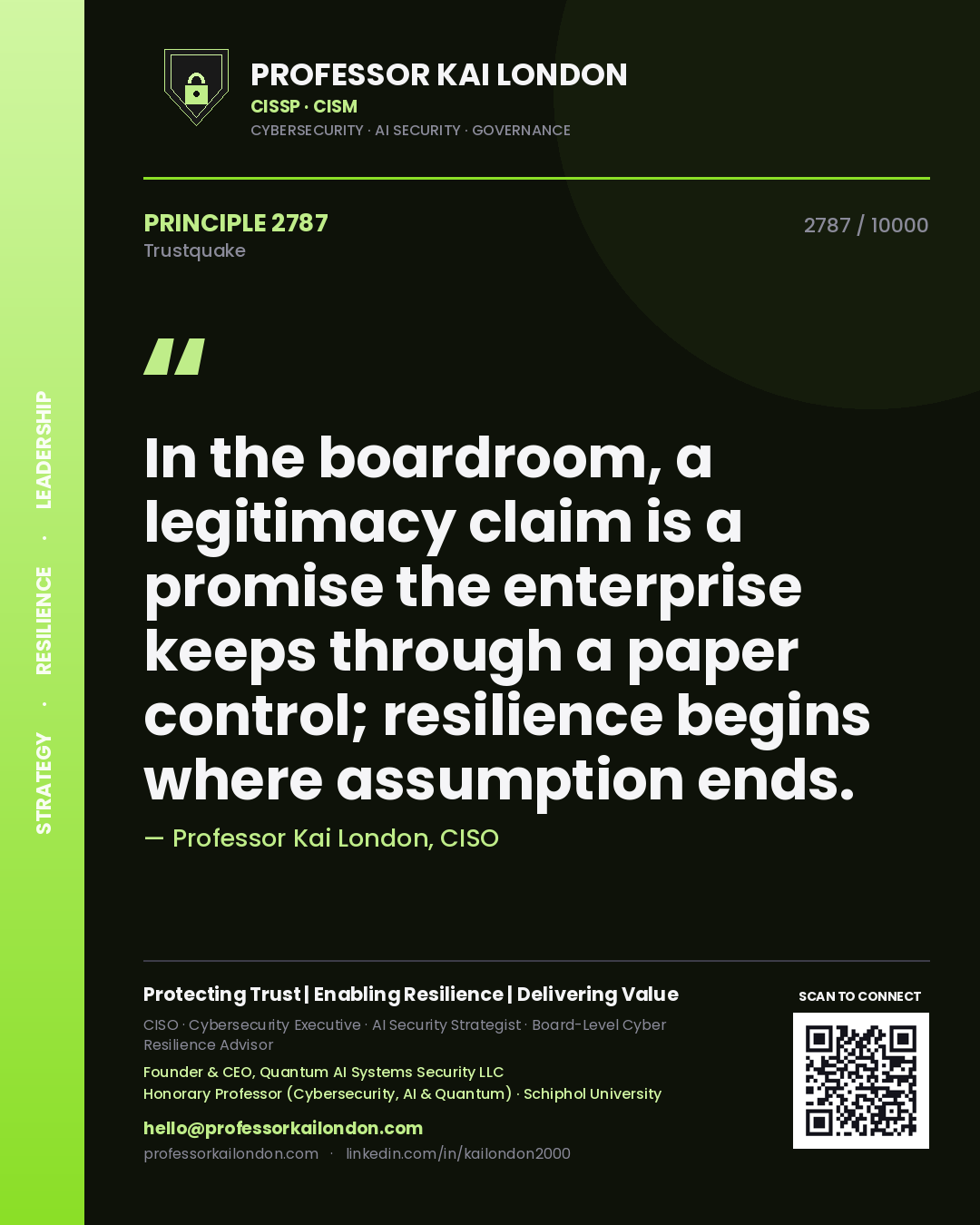 Professor Kai London principle 2787: In the boardroom, a legitimacy claim is a promise the enterprise keeps through a paper control; resilience begins where assumption ends.