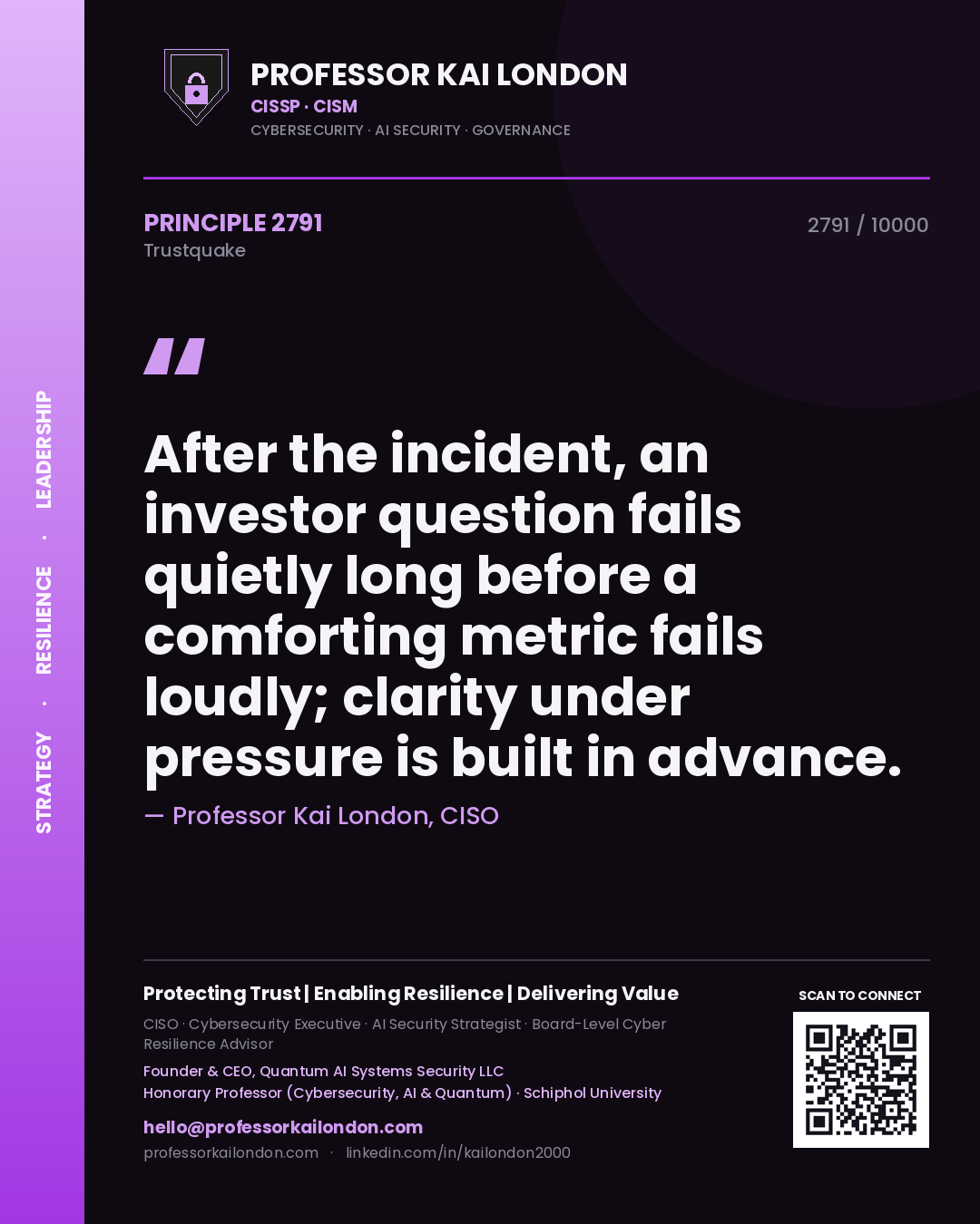 Professor Kai London principle 2791: After the incident, an investor question fails quietly long before a comforting metric fails loudly; clarity under pressure is built in advance.