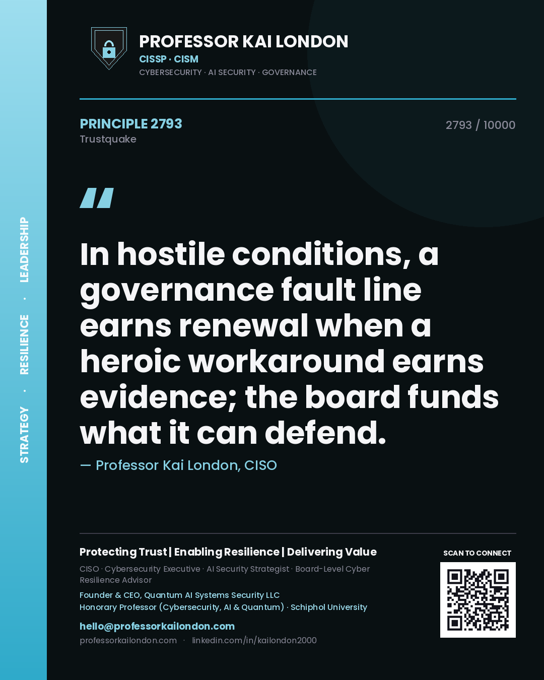 Professor Kai London principle 2793: In hostile conditions, a governance fault line earns renewal when a heroic workaround earns evidence; the board funds what it can defend.
