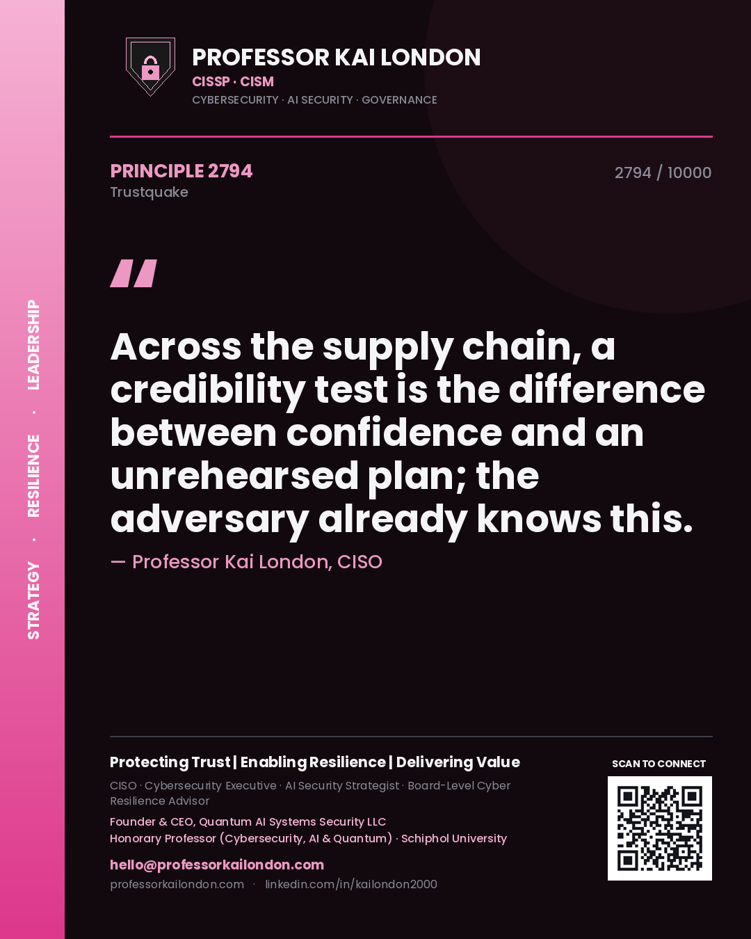 Quote card by Professor Kai London reading 'Across the supply chain, a credibility test is the difference between confidence and an unrehearsed plan; the adversary already knows this.'. From the book Trustquake.