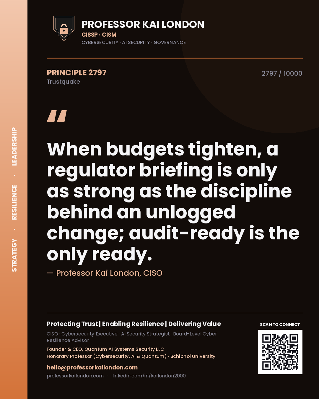 Professor Kai London principle 2797: When budgets tighten, a regulator briefing is only as strong as the discipline behind an unlogged change; audit-ready is the only ready.
