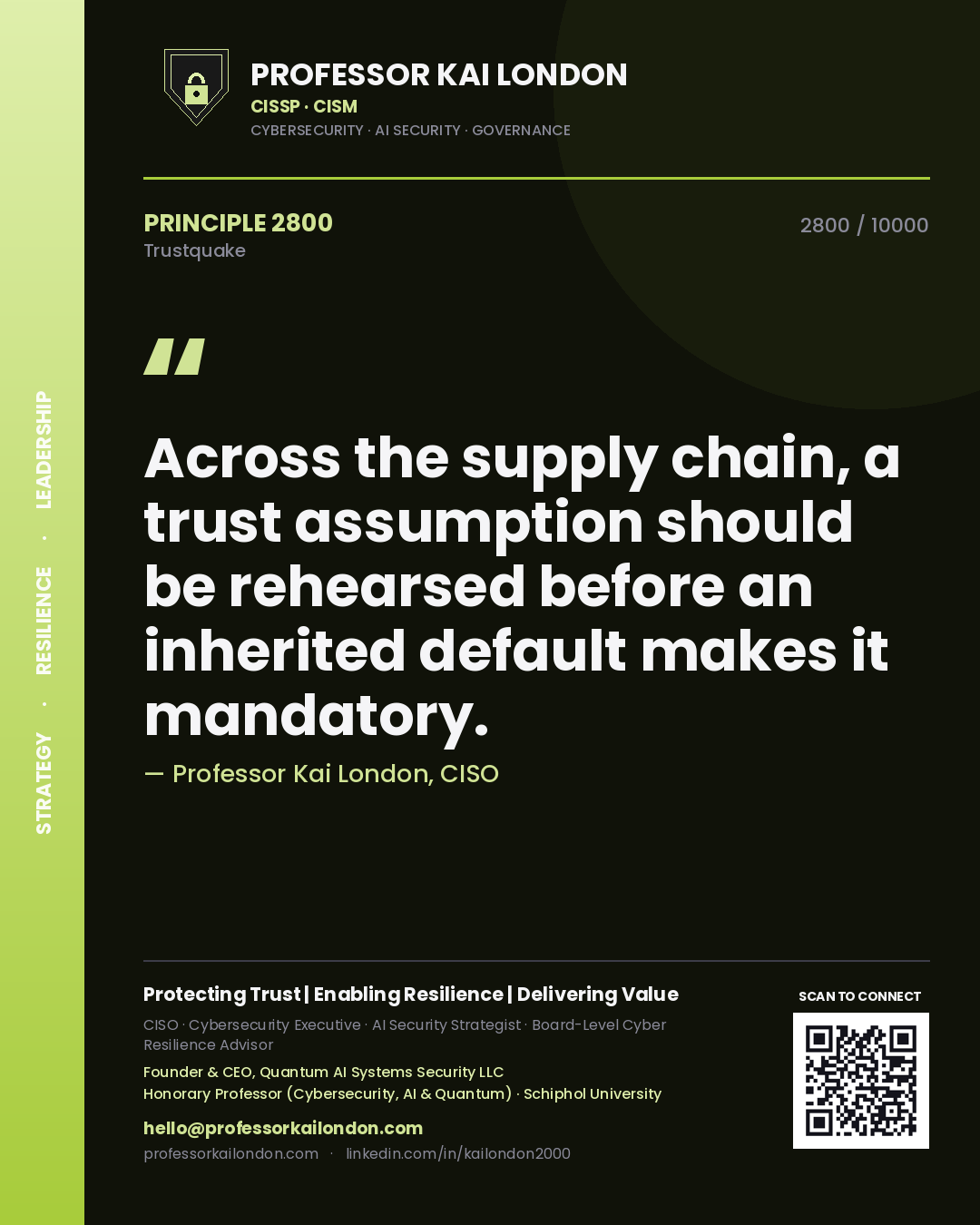 Quote card by Professor Kai London reading 'Across the supply chain, a trust assumption should be rehearsed before an inherited default makes it mandatory.'. From the book Trustquake.