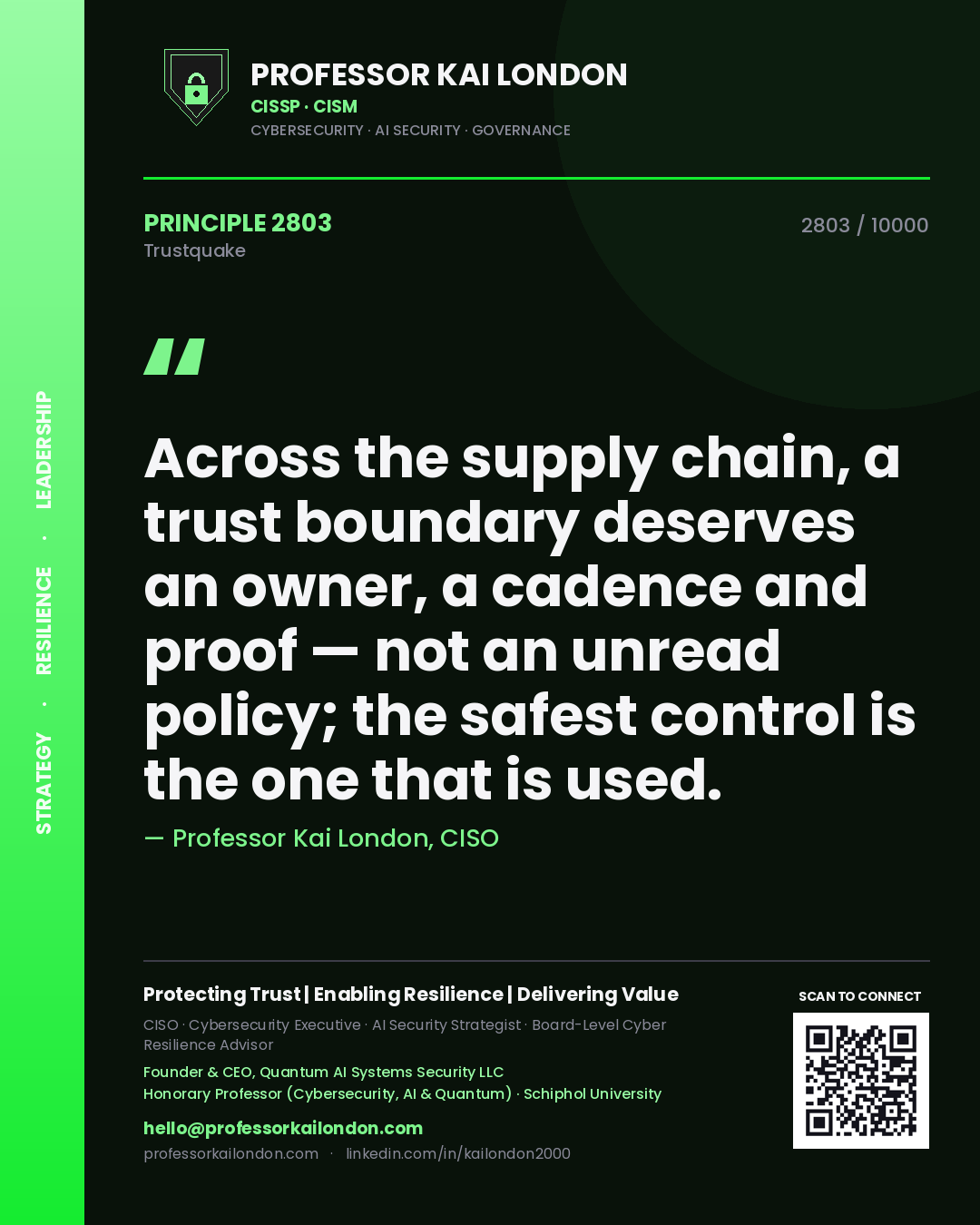 Quote card by Professor Kai London reading 'Across the supply chain, a trust boundary deserves an owner, a cadence and proof — not an unread policy; the safest control is the one that is used.'. From the book Trustquake.