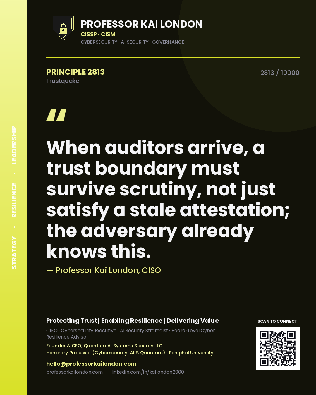 Professor Kai London principle 2813: When auditors arrive, a trust boundary must survive scrutiny, not just satisfy a stale attestation; the adversary already knows this.
