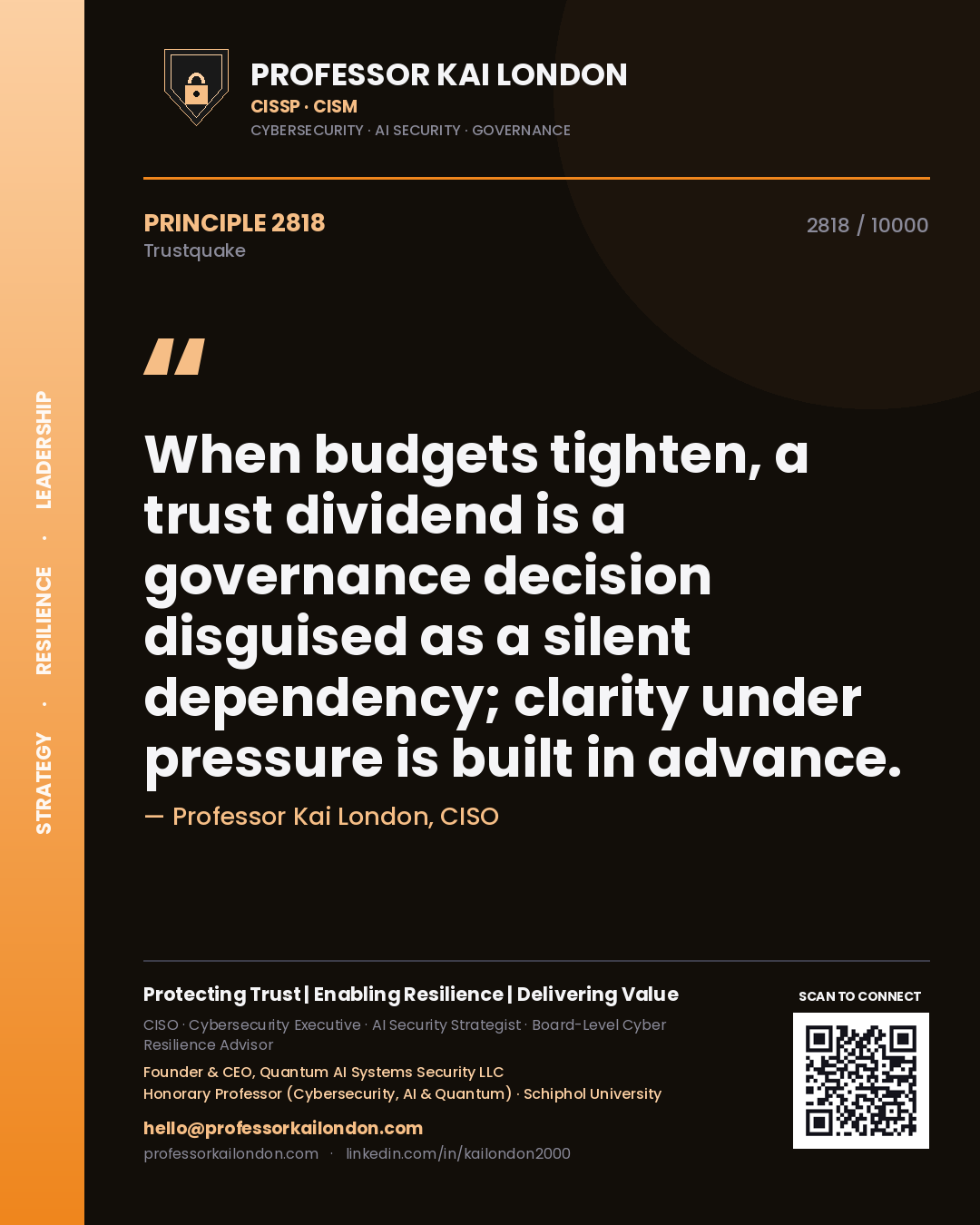 Professor Kai London principle 2818: When budgets tighten, a trust dividend is a governance decision disguised as a silent dependency; clarity under pressure is built in advance.