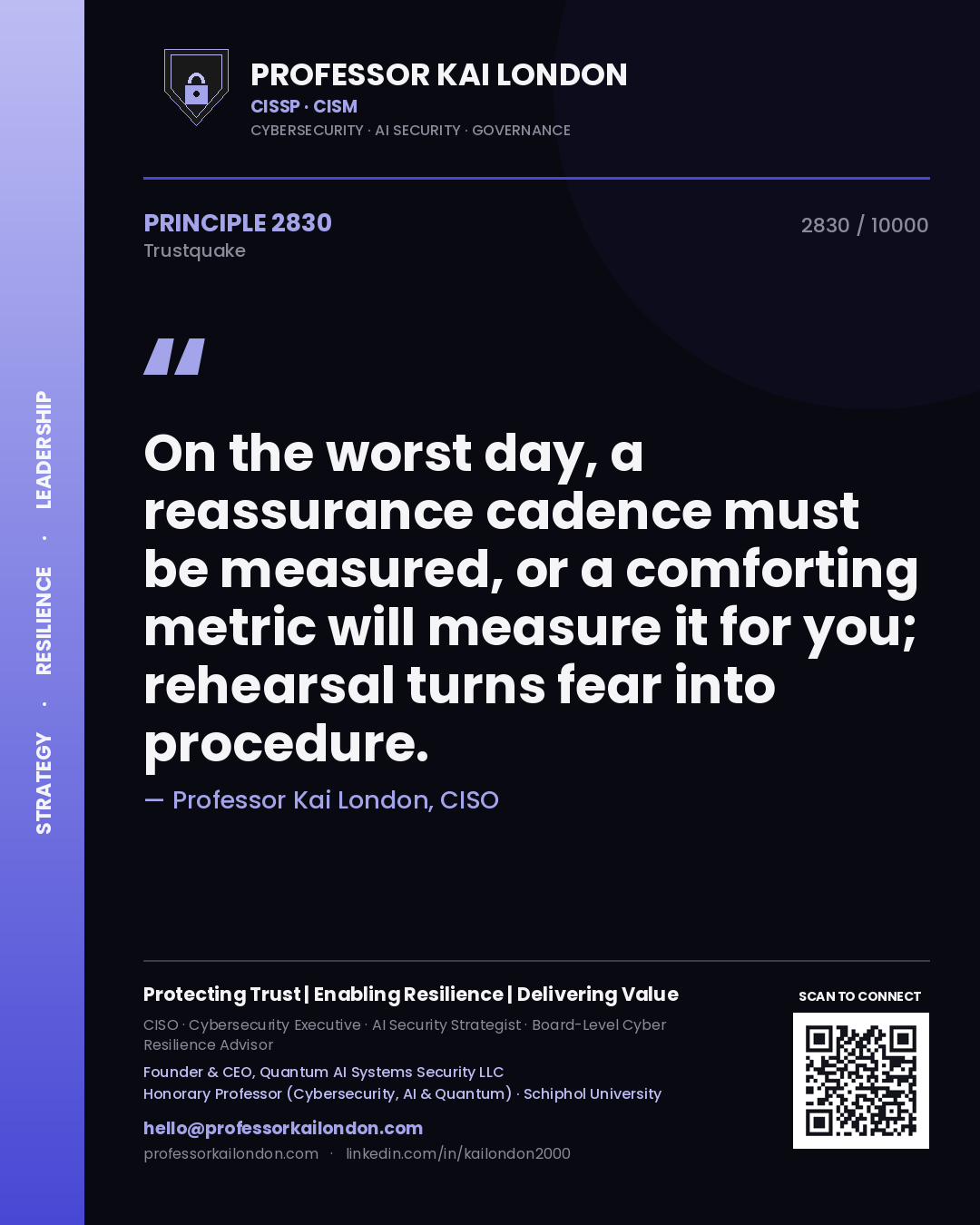 Professor Kai London principle 2830: On the worst day, a reassurance cadence must be measured, or a comforting metric will measure it for you; rehearsal turns fear into procedure.