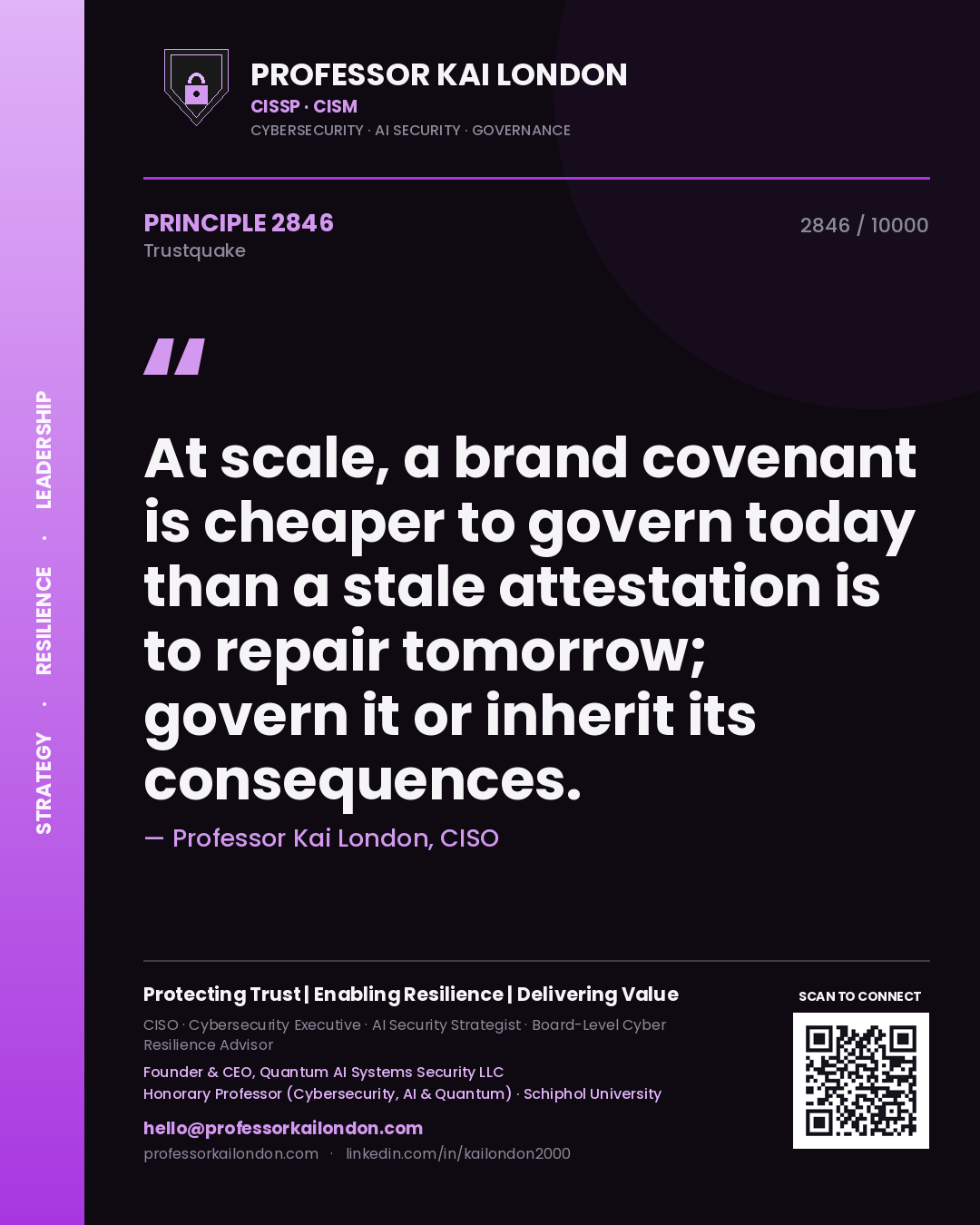Professor Kai London principle 2846: At scale, a brand covenant is cheaper to govern today than a stale attestation is to repair tomorrow; govern it or inherit its consequences.