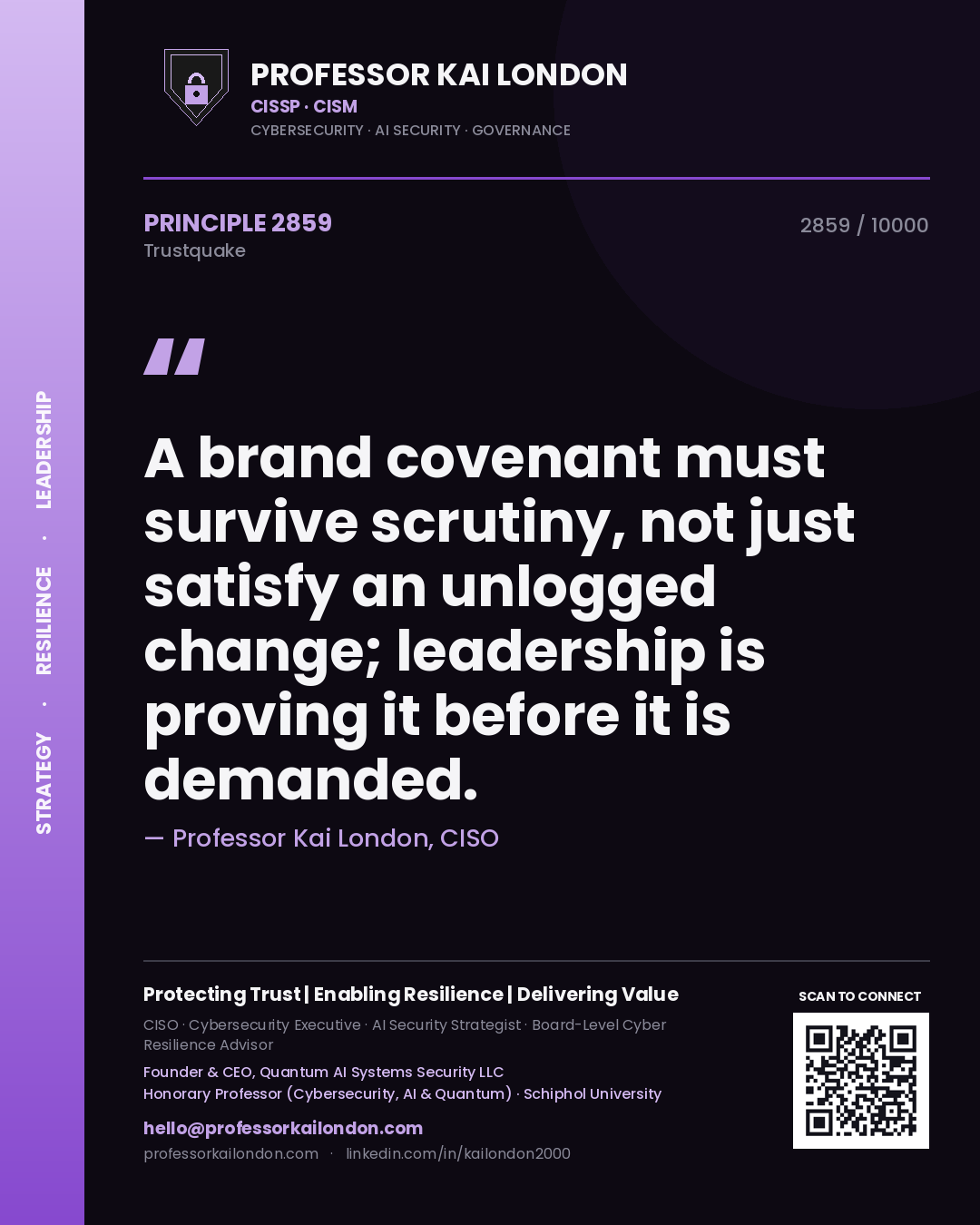 Professor Kai London principle 2859: A brand covenant must survive scrutiny, not just satisfy an unlogged change; leadership is proving it before it is demanded.