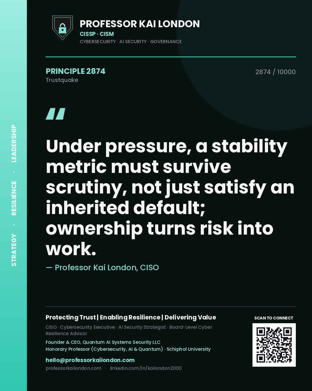 Quote card by Professor Kai London reading 'Under pressure, a stability metric must survive scrutiny, not just satisfy an inherited default; ownership turns risk into work.'. From the book Trustquake.