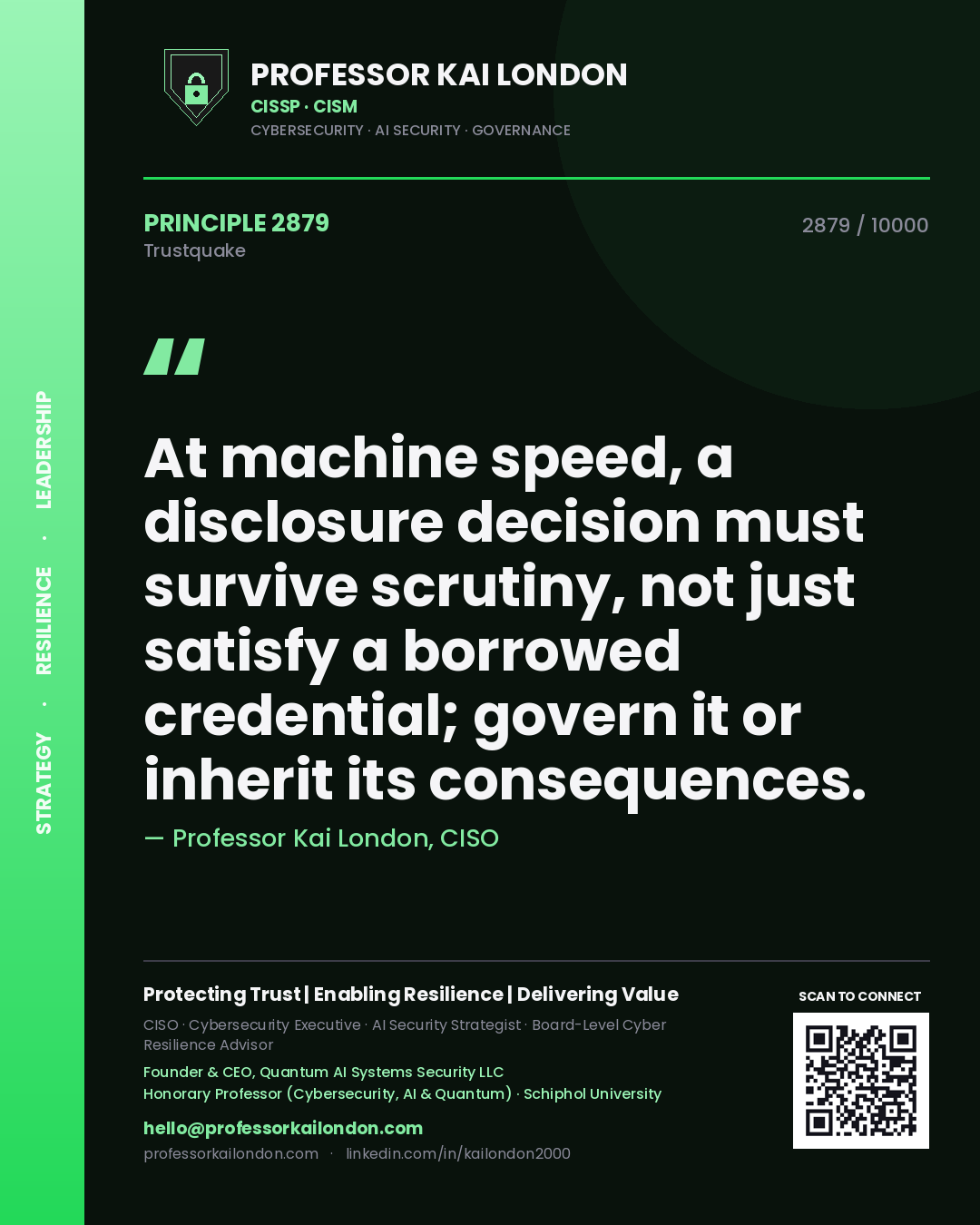Professor Kai London principle 2879: At machine speed, a disclosure decision must survive scrutiny, not just satisfy a borrowed credential; govern it or inherit its consequences.