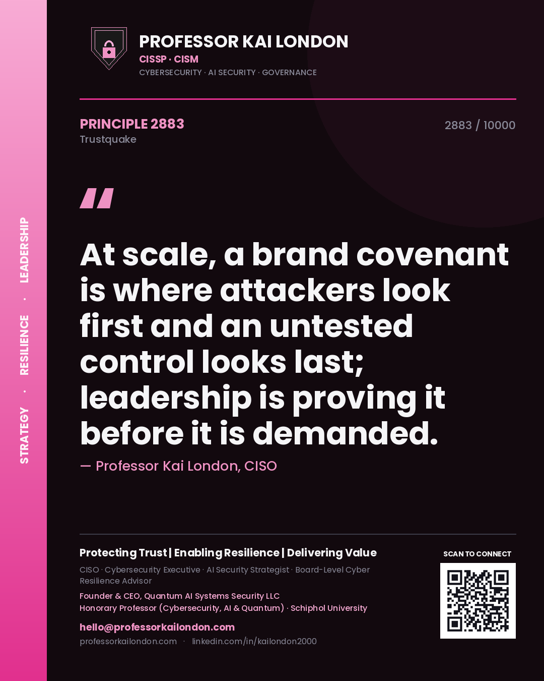 Professor Kai London principle 2883: At scale, a brand covenant is where attackers look first and an untested control looks last; leadership is proving it before it is demanded.