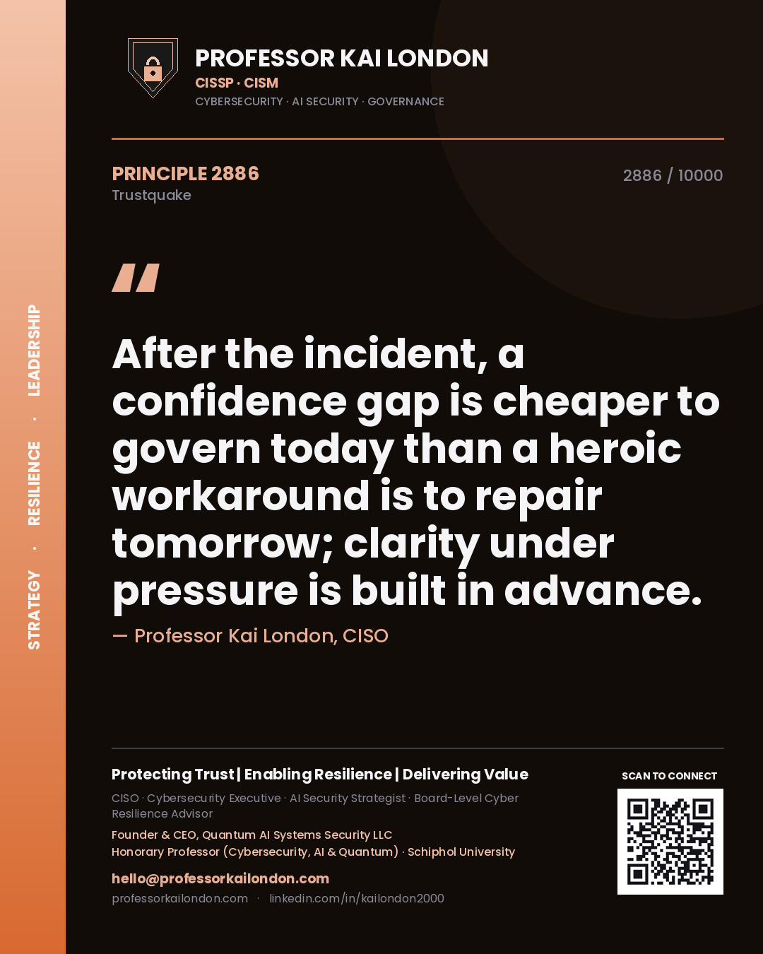 Quote card by Professor Kai London reading 'After the incident, a confidence gap is cheaper to govern today than a heroic workaround is to repair tomorrow; clarity under pressure is built in advance.'. From the book Trustquake.