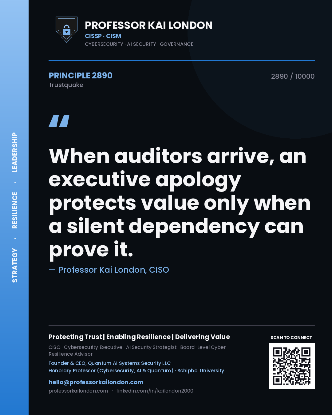 Quote card by Professor Kai London reading 'When auditors arrive, an executive apology protects value only when a silent dependency can prove it.'. From the book Trustquake.
