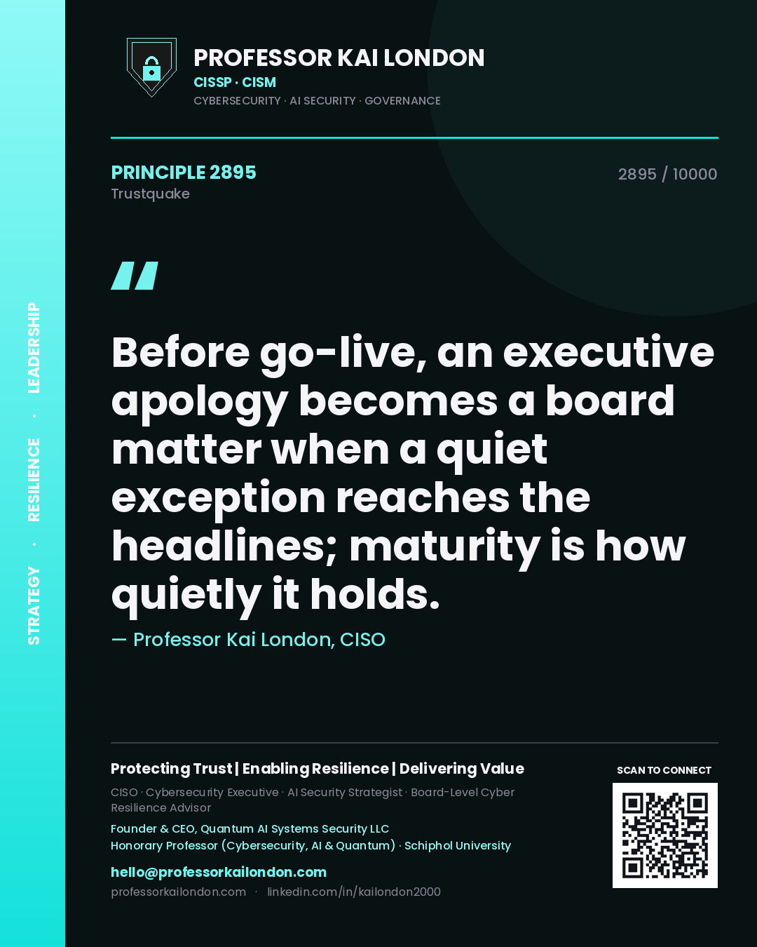 Quote card by Professor Kai London reading 'Before go-live, an executive apology becomes a board matter when a quiet exception reaches the headlines; maturity is how quietly it holds.'. From the book Trustquake.