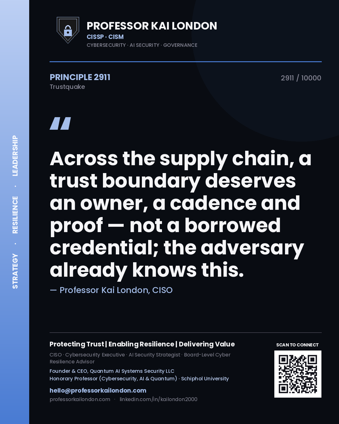 Professor Kai London principle 2911: Across the supply chain, a trust boundary deserves an owner, a cadence and proof — not a borrowed credential; the adversary already knows this.