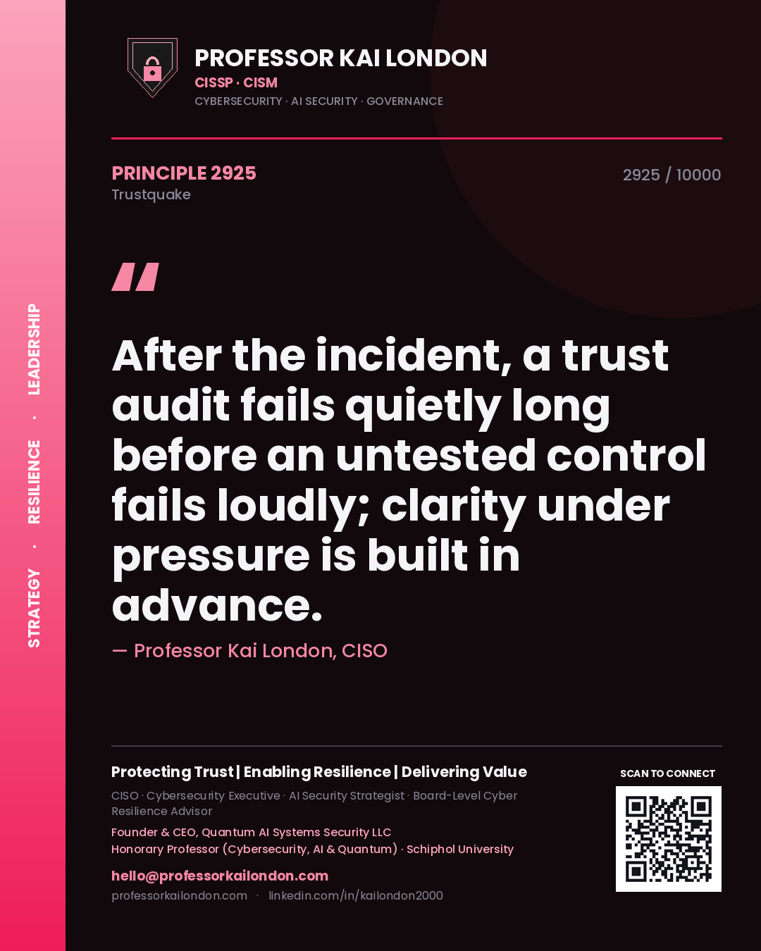 Professor Kai London principle 2925: After the incident, a trust audit fails quietly long before an untested control fails loudly; clarity under pressure is built in advance.