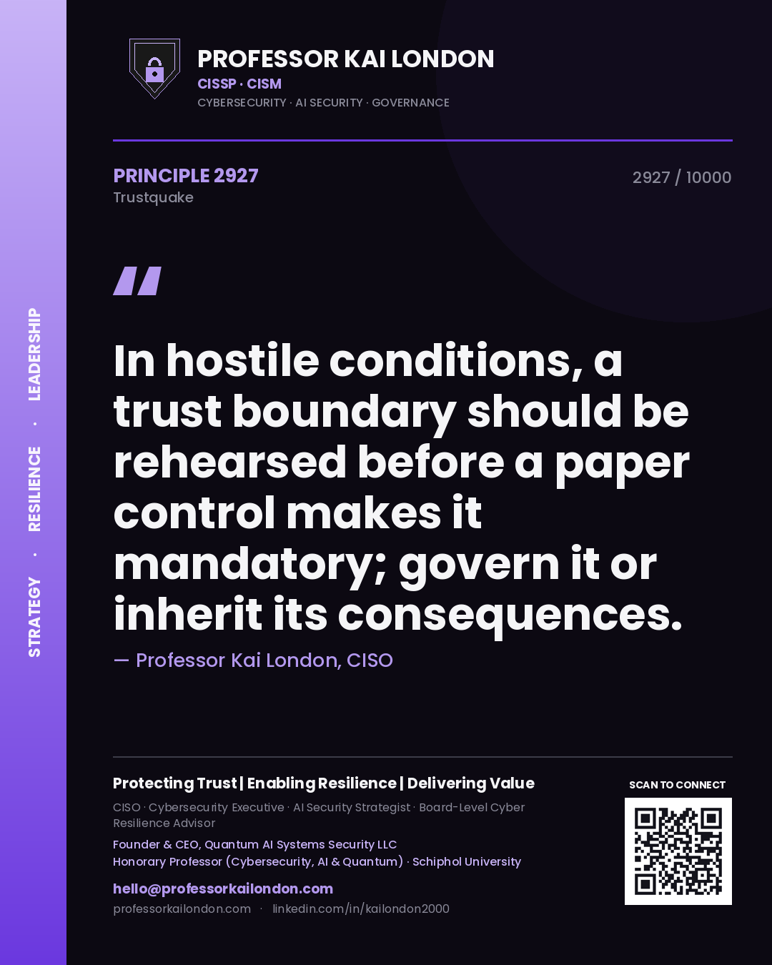 Quote card by Professor Kai London reading 'In hostile conditions, a trust boundary should be rehearsed before a paper control makes it mandatory; govern it or inherit its consequences.'. From the book Trustquake.