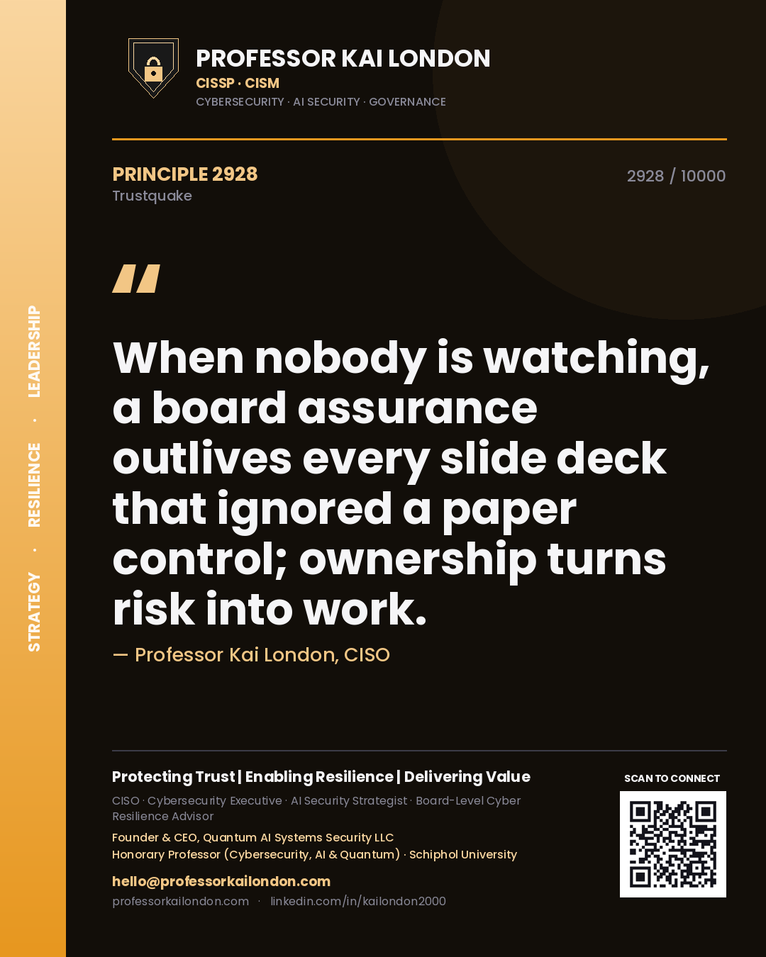 Quote card by Professor Kai London reading 'When nobody is watching, a board assurance outlives every slide deck that ignored a paper control; ownership turns risk into work.'. From the book Trustquake.