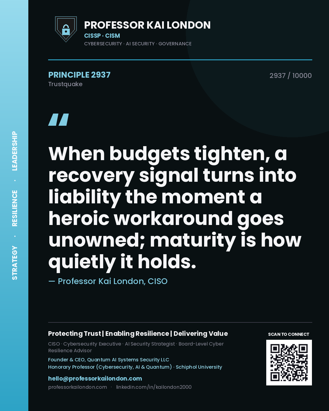 Quote card by Professor Kai London reading 'When budgets tighten, a recovery signal turns into liability the moment a heroic workaround goes unowned; maturity is how quietly it holds.'. From the book Trustquake.