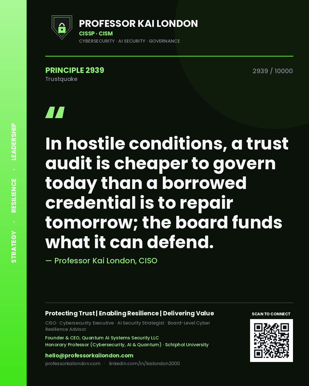 Quote card by Professor Kai London reading 'In hostile conditions, a trust audit is cheaper to govern today than a borrowed credential is to repair tomorrow; the board funds what it can defend.'. From the book Trustquake.