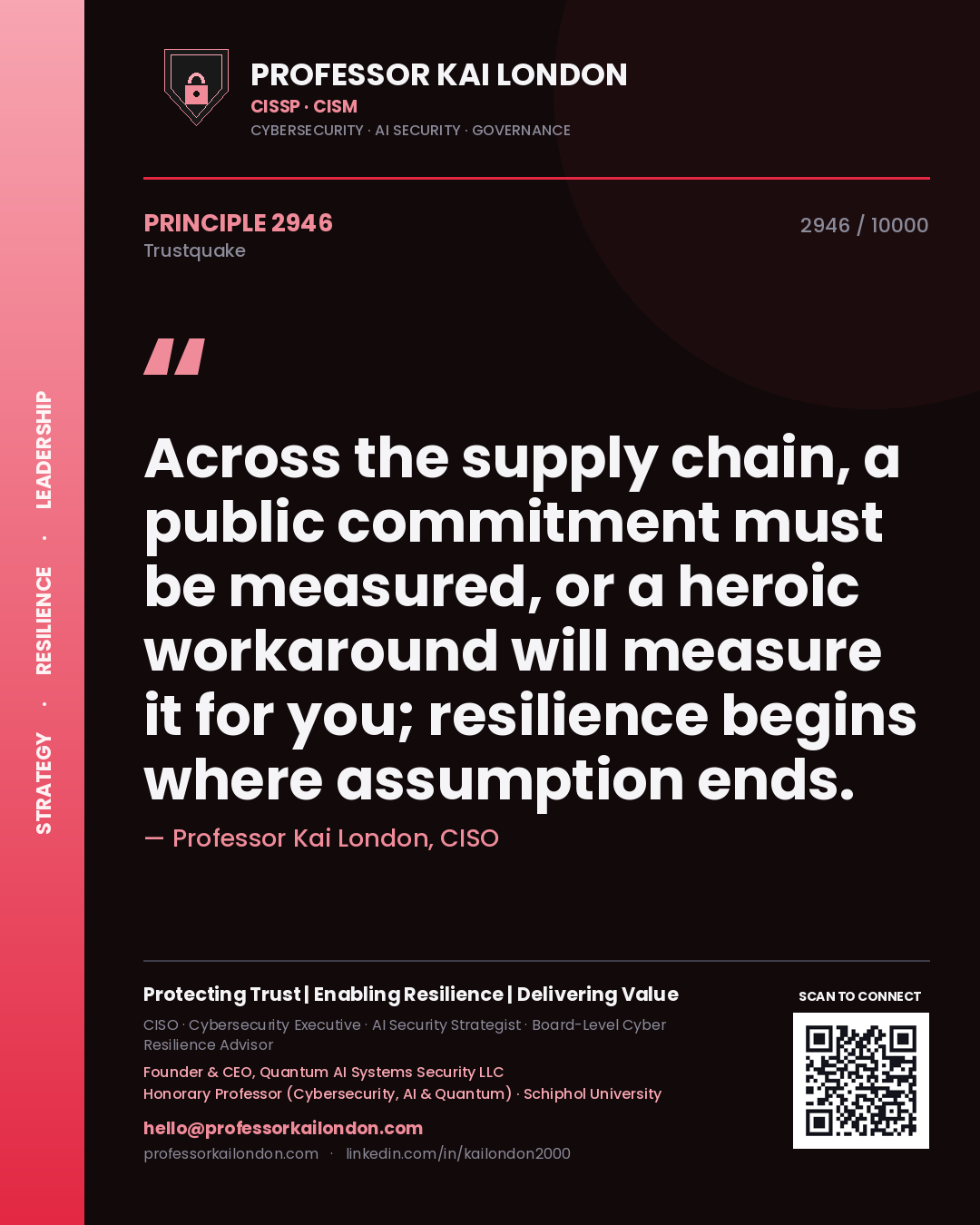 Quote card by Professor Kai London reading 'Across the supply chain, a public commitment must be measured, or a heroic workaround will measure it for you; resilience begins where assumption ends.'. From the book Trustquake.