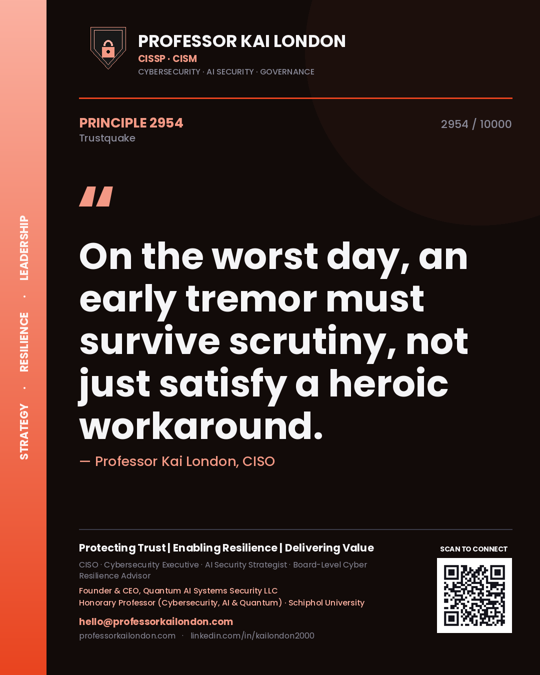 Quote card by Professor Kai London reading 'On the worst day, an early tremor must survive scrutiny, not just satisfy a heroic workaround.'. From the book Trustquake.