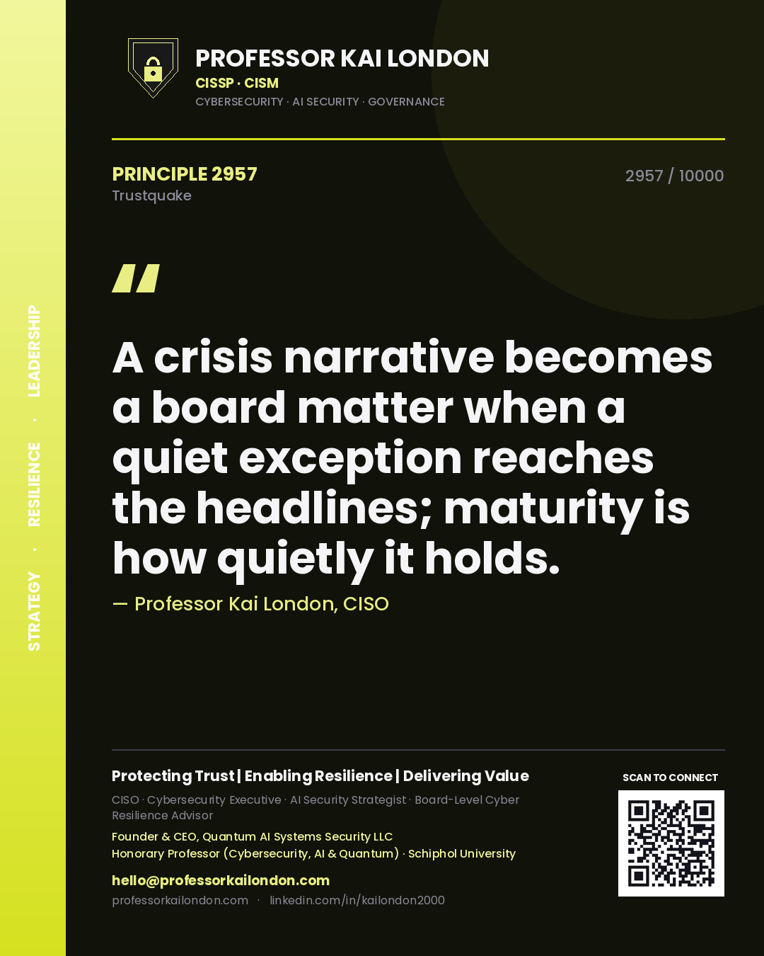 Professor Kai London principle 2957: A crisis narrative becomes a board matter when a quiet exception reaches the headlines; maturity is how quietly it holds.