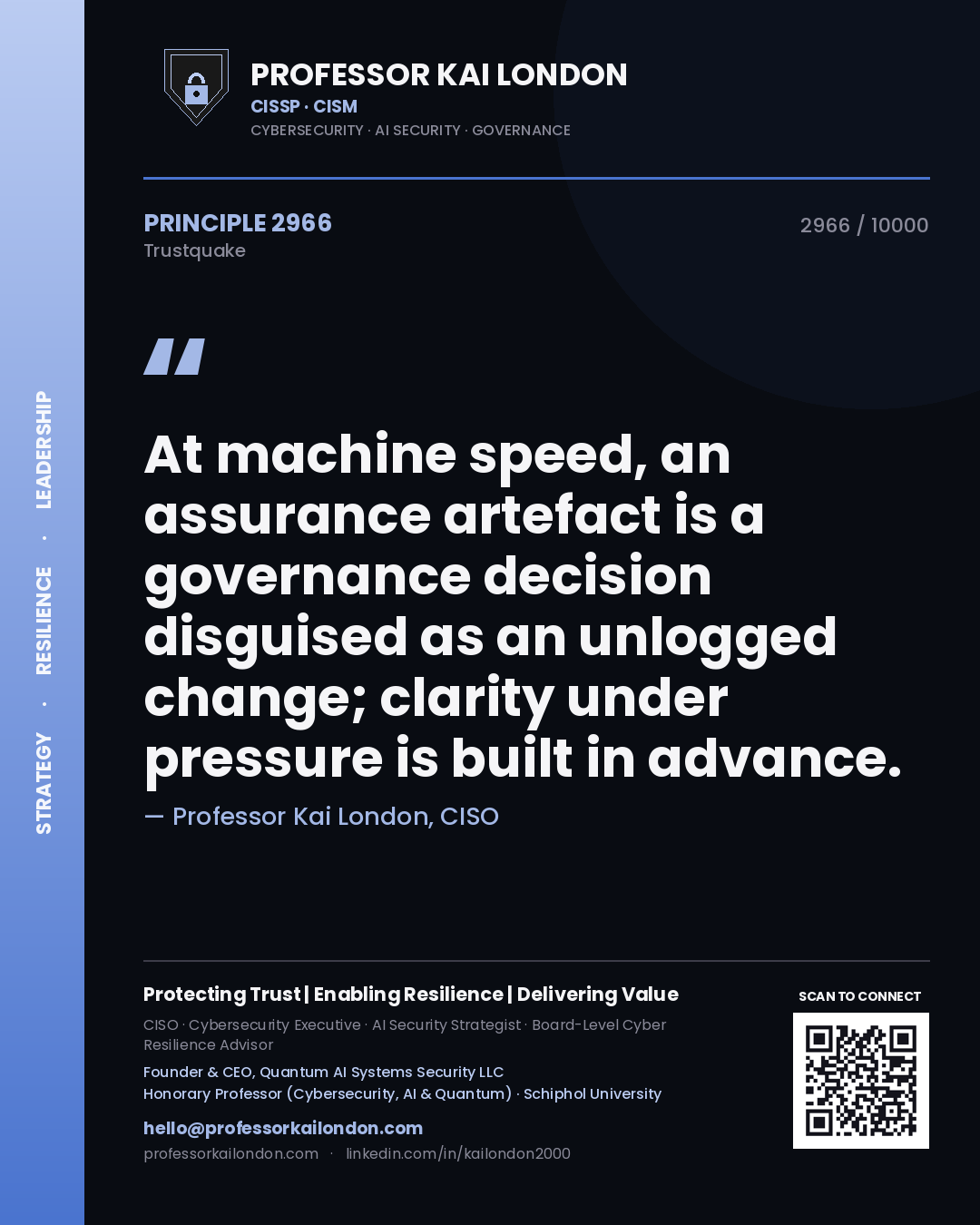 Professor Kai London principle 2966: At machine speed, an assurance artefact is a governance decision disguised as an unlogged change; clarity under pressure is built in advance.