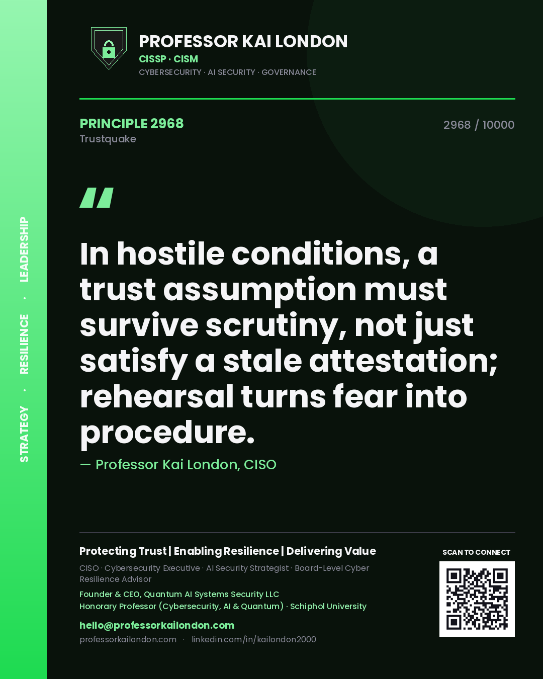 Professor Kai London principle 2968: In hostile conditions, a trust assumption must survive scrutiny, not just satisfy a stale attestation; rehearsal turns fear into procedure.
