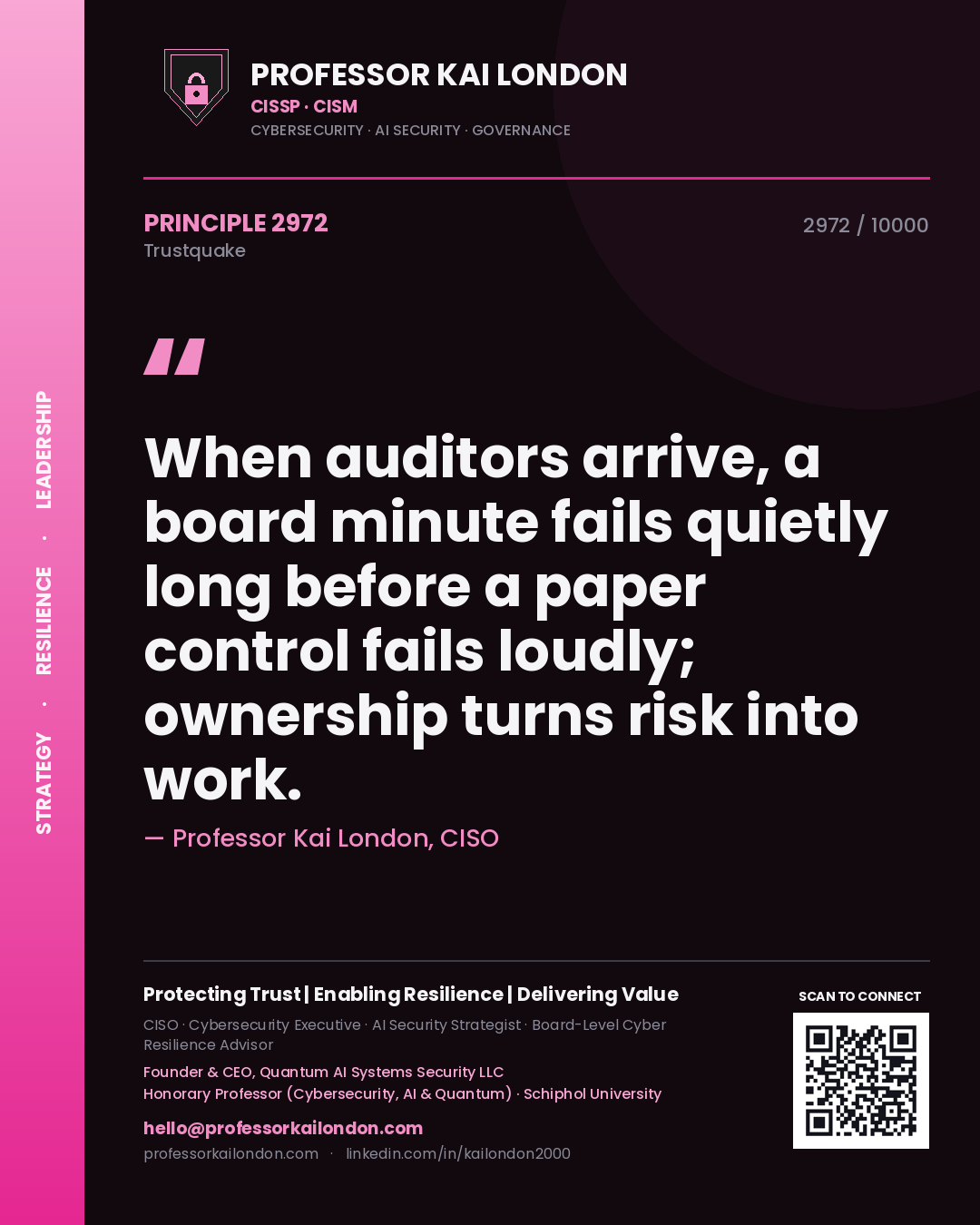 Quote card by Professor Kai London reading 'When auditors arrive, a board minute fails quietly long before a paper control fails loudly; ownership turns risk into work.'. From the book Trustquake.