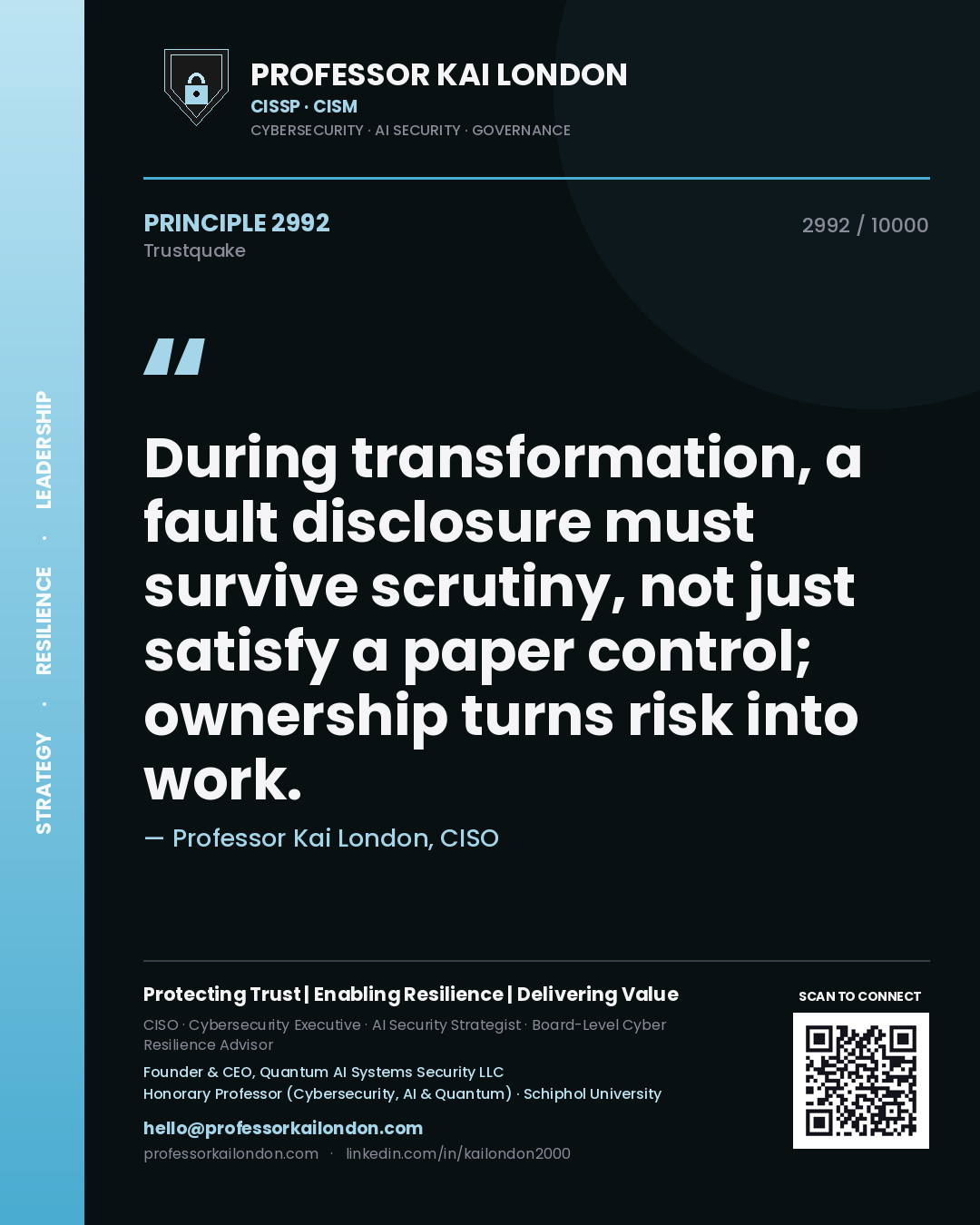 Professor Kai London principle 2992: During transformation, a fault disclosure must survive scrutiny, not just satisfy a paper control; ownership turns risk into work.