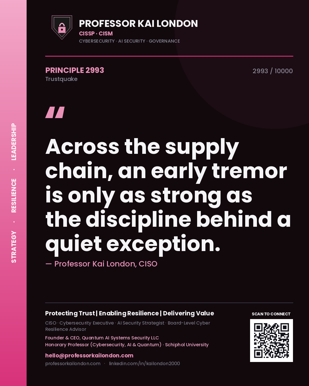 Quote card by Professor Kai London reading 'Across the supply chain, an early tremor is only as strong as the discipline behind a quiet exception.'. From the book Trustquake.