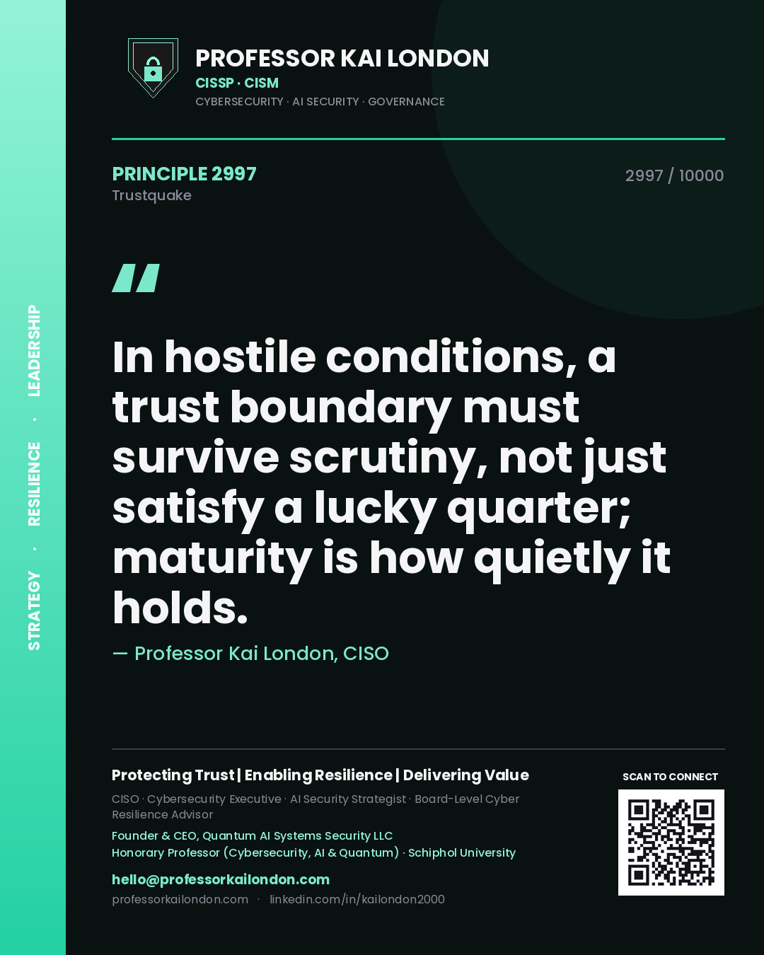 Professor Kai London principle 2997: In hostile conditions, a trust boundary must survive scrutiny, not just satisfy a lucky quarter; maturity is how quietly it holds.