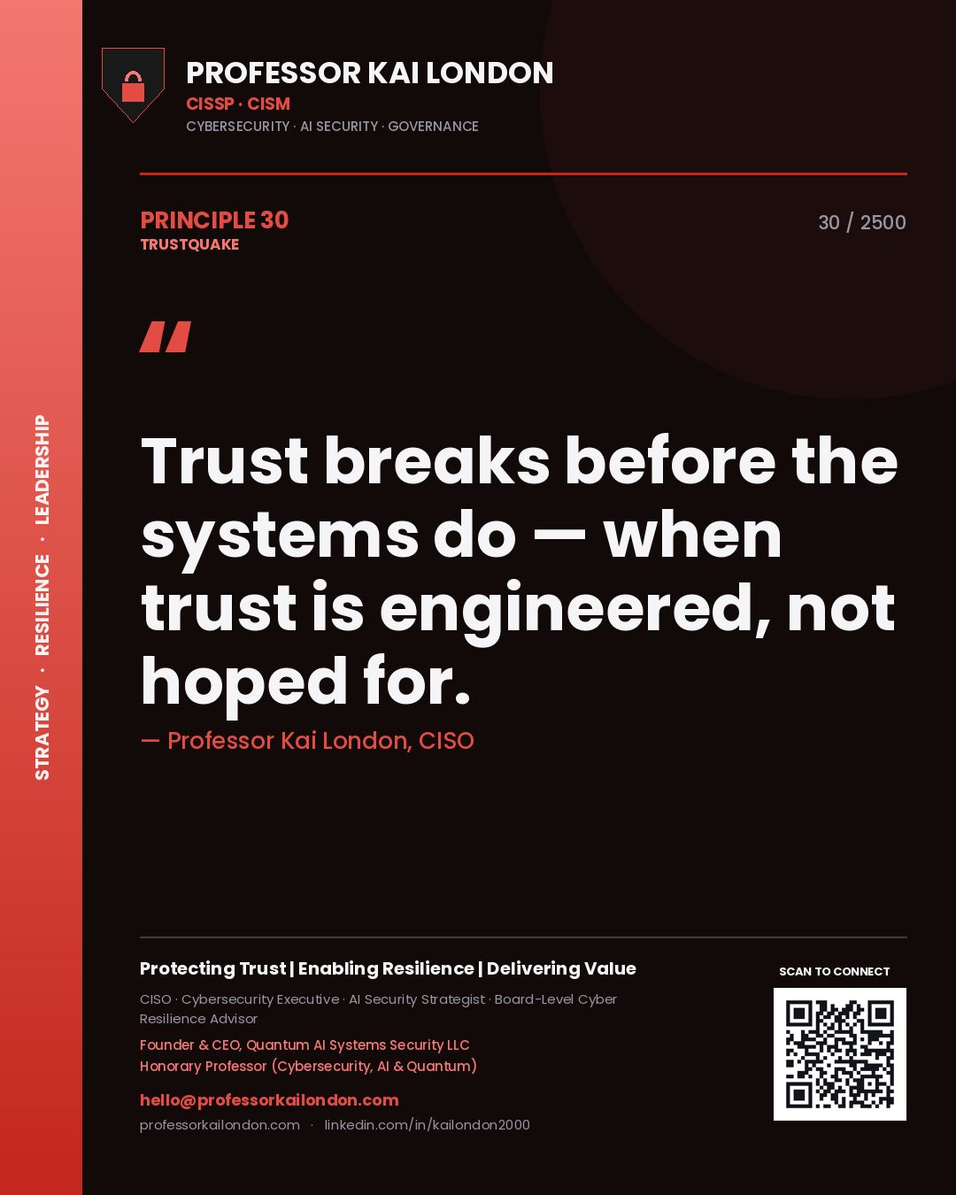 Quote card by Professor Kai London reading 'Trust breaks before the systems do — when trust is engineered, not hoped for.'. From the book Trustquake.