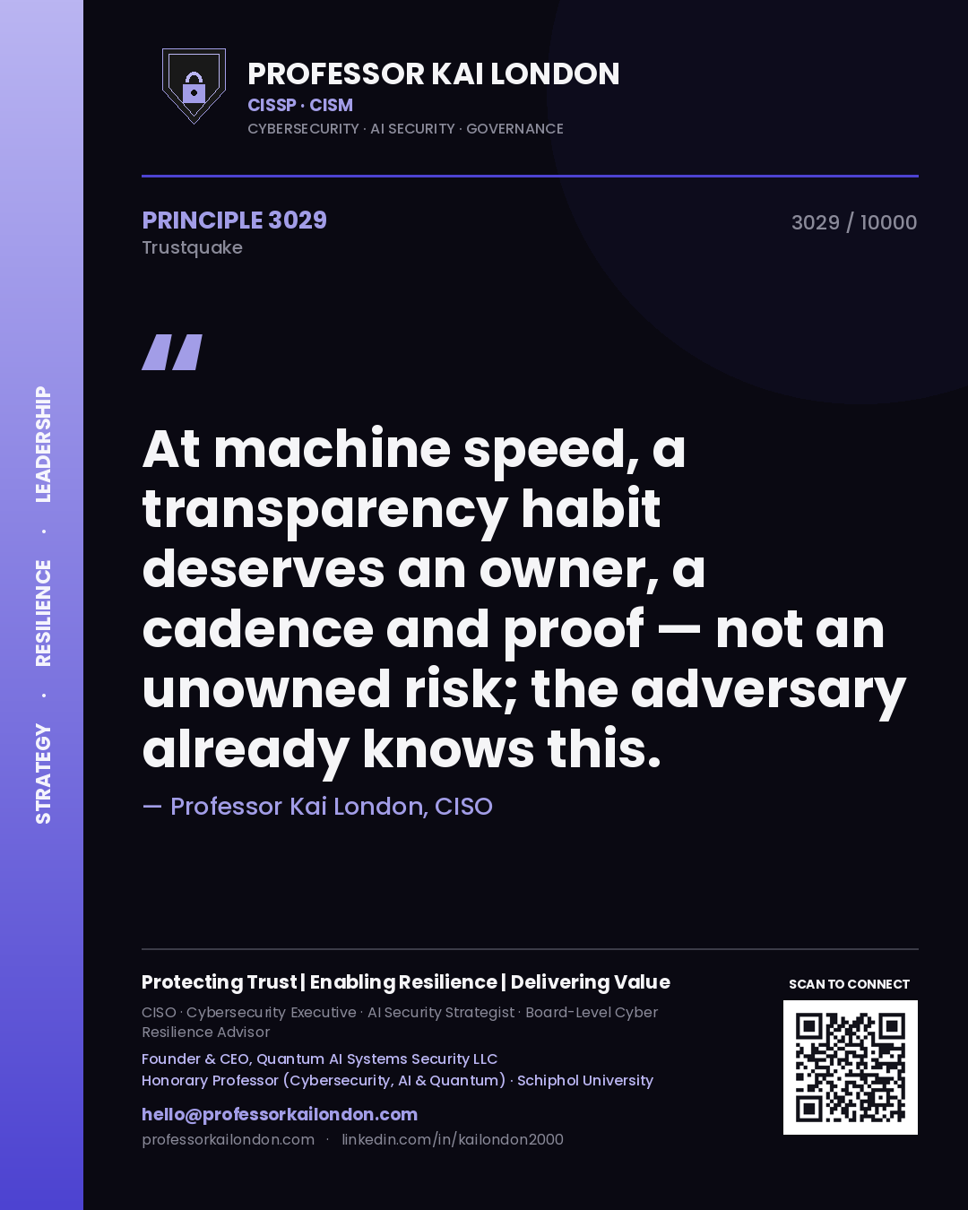 Professor Kai London principle 3029: At machine speed, a transparency habit deserves an owner, a cadence and proof — not an unowned risk; the adversary already knows this.