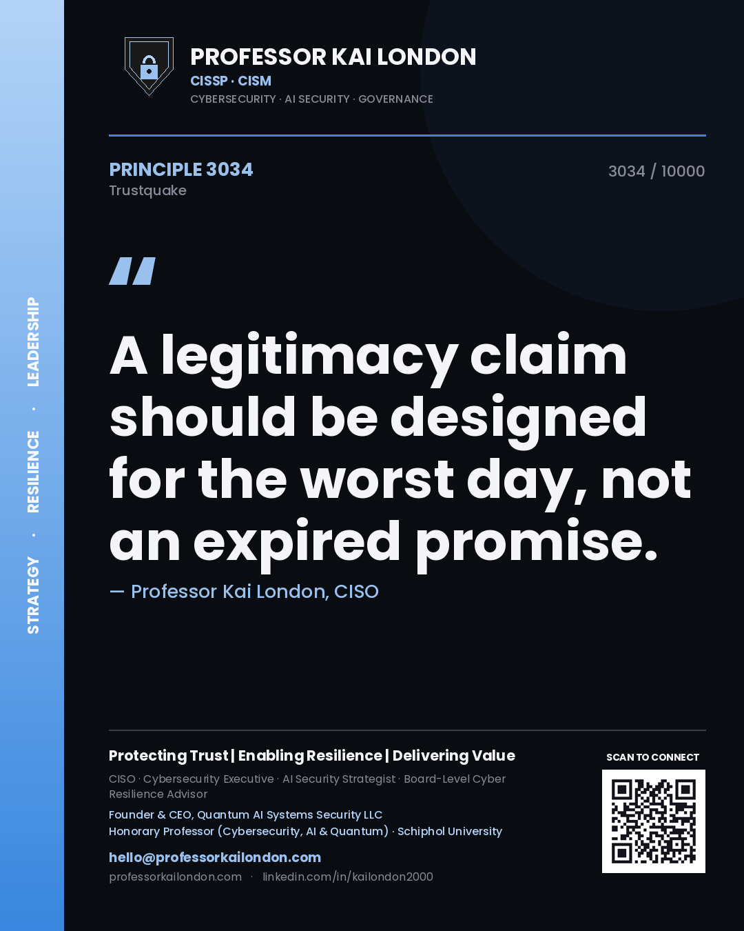 Quote card by Professor Kai London reading 'A legitimacy claim should be designed for the worst day, not an expired promise.'. From the book Trustquake.