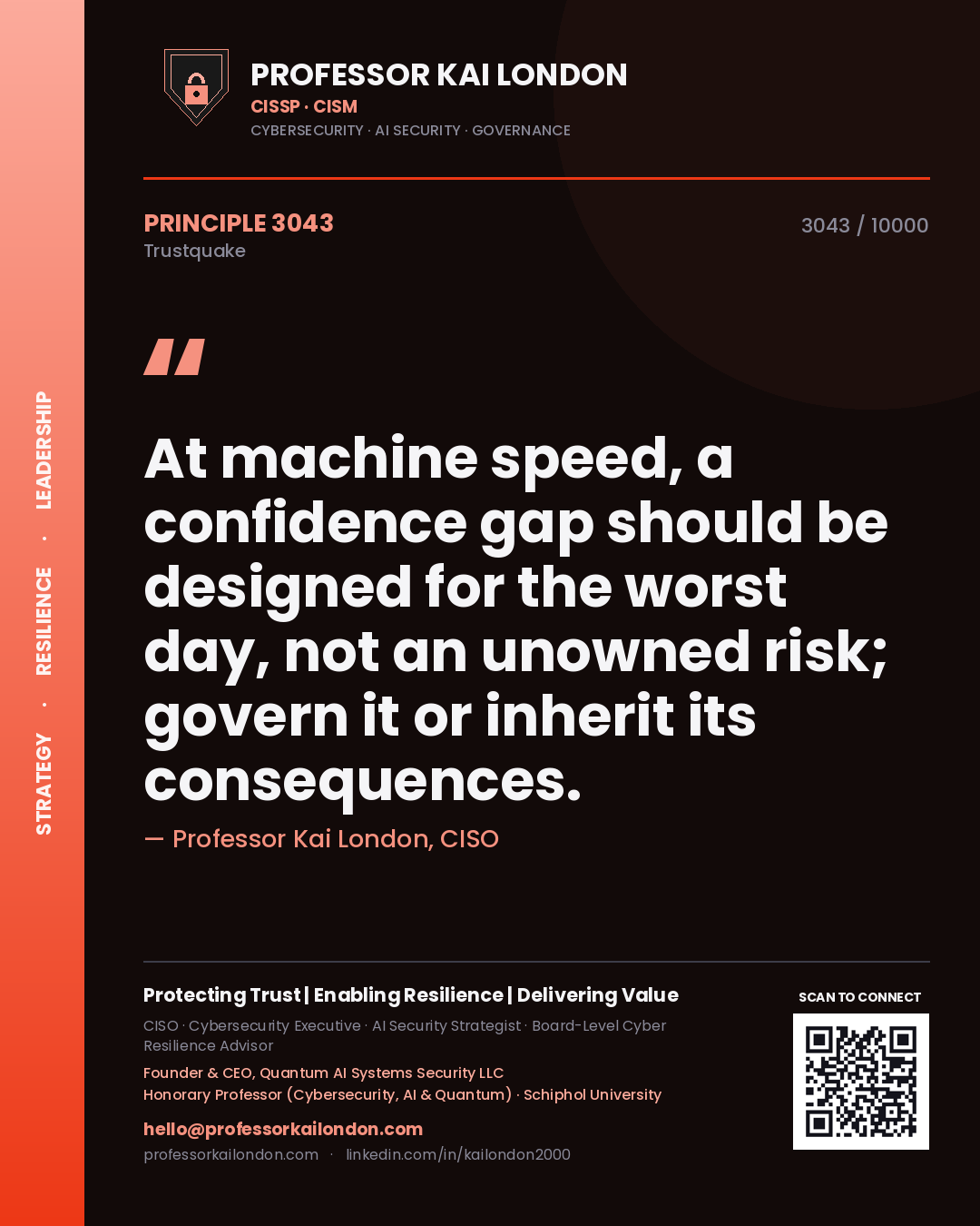 Quote card by Professor Kai London reading 'At machine speed, a confidence gap should be designed for the worst day, not an unowned risk; govern it or inherit its consequences.'. From the book Trustquake.