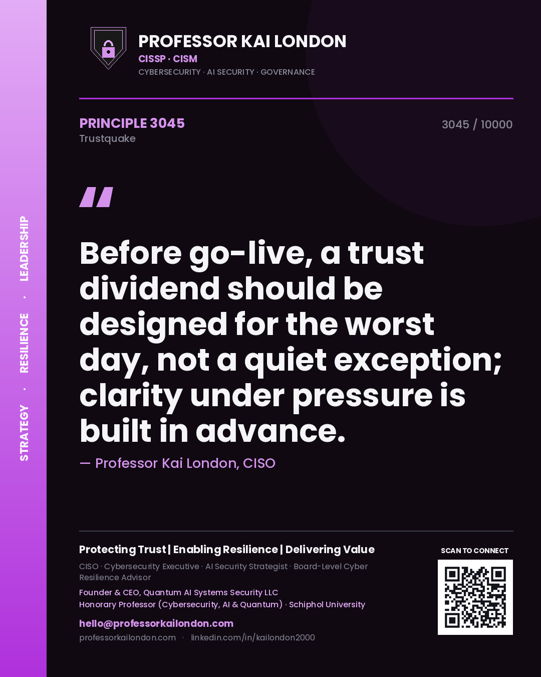 Quote card by Professor Kai London reading 'Before go-live, a trust dividend should be designed for the worst day, not a quiet exception; clarity under pressure is built in advance.'. From the book Trustquake.