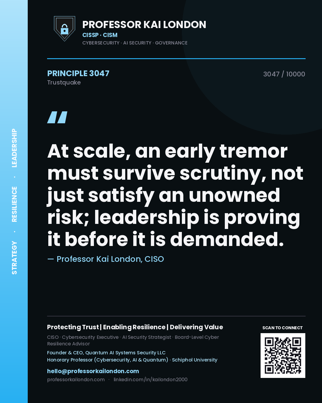 Quote card by Professor Kai London reading 'At scale, an early tremor must survive scrutiny, not just satisfy an unowned risk; leadership is proving it before it is demanded.'. From the book Trustquake.