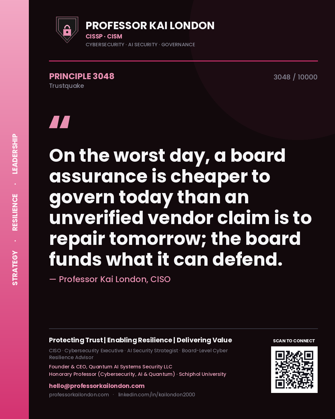 Quote card by Professor Kai London reading 'On the worst day, a board assurance is cheaper to govern today than an unverified vendor claim is to repair tomorrow; the board funds what it can defend.'. From the book Trustquake.