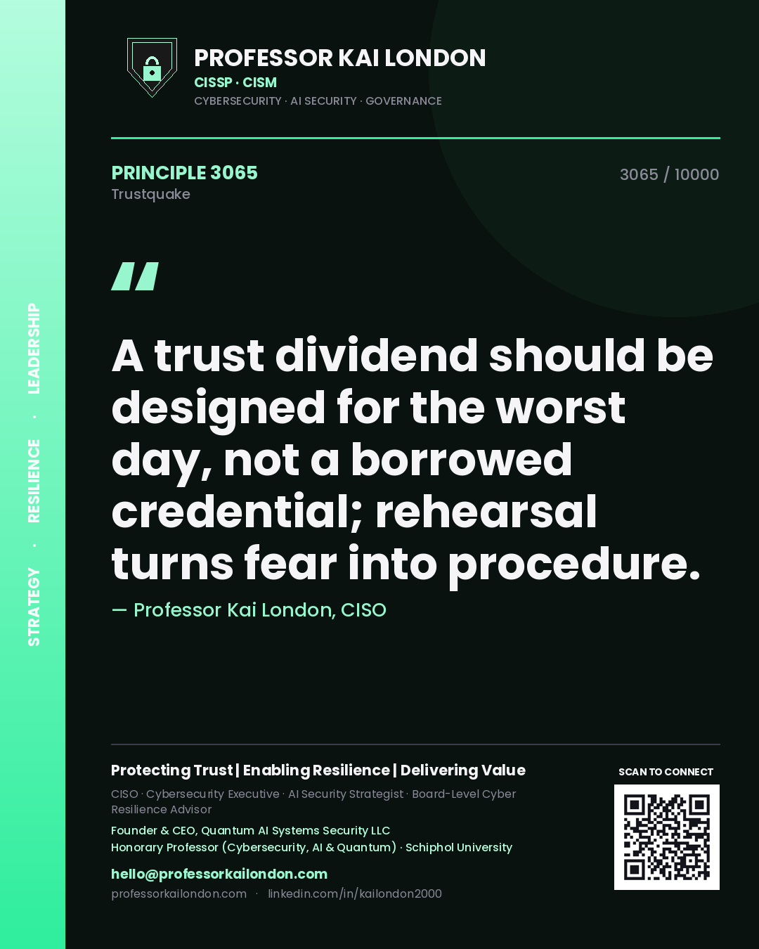 Quote card by Professor Kai London reading 'A trust dividend should be designed for the worst day, not a borrowed credential; rehearsal turns fear into procedure.'. From the book Trustquake.