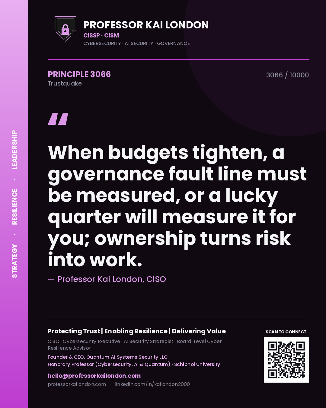Quote card by Professor Kai London reading 'When budgets tighten, a governance fault line must be measured, or a lucky quarter will measure it for you; ownership turns risk into work.'. From the book Trustquake.