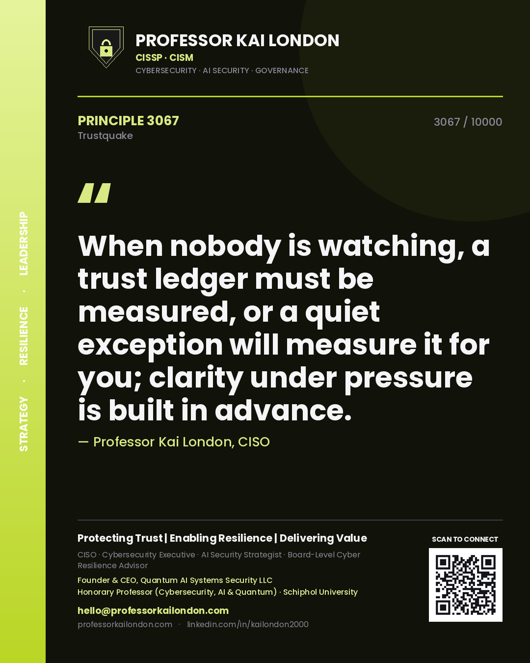 Quote card by Professor Kai London reading 'When nobody is watching, a trust ledger must be measured, or a quiet exception will measure it for you; clarity under pressure is built in advance.'. From the book Trustquake.