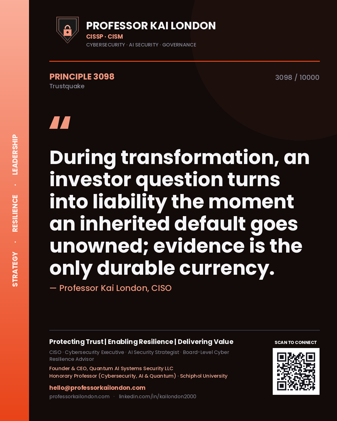 Quote card by Professor Kai London reading 'During transformation, an investor question turns into liability the moment an inherited default goes unowned; evidence is the only durable currency.'. From the book Trustquake.