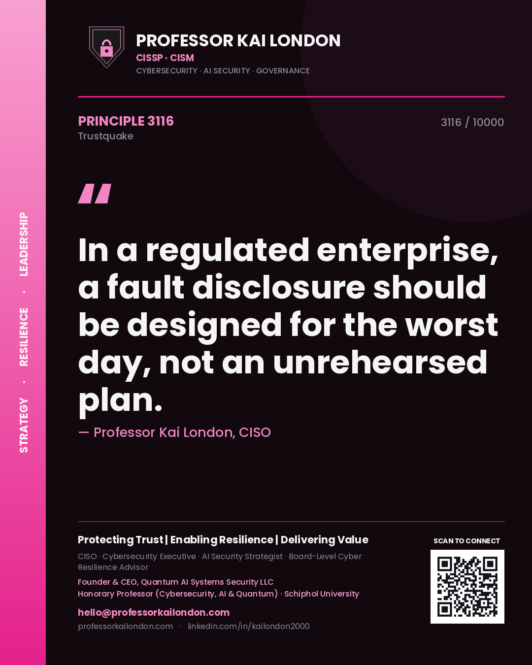 Quote card by Professor Kai London reading 'In a regulated enterprise, a fault disclosure should be designed for the worst day, not an unrehearsed plan.'. From the book Trustquake.