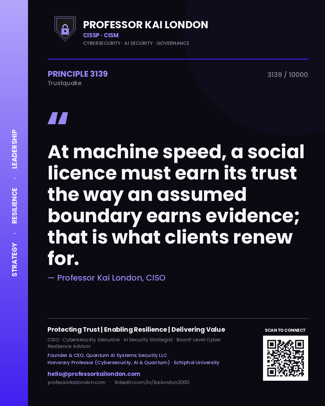 Quote card by Professor Kai London reading 'At machine speed, a social licence must earn its trust the way an assumed boundary earns evidence; that is what clients renew for.'. From the book Trustquake.