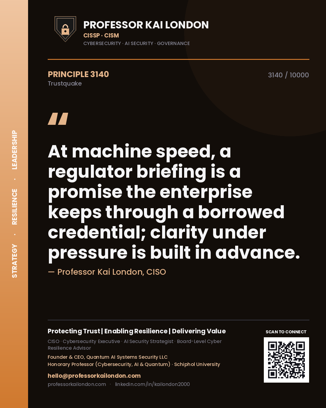 Professor Kai London principle 3140: At machine speed, a regulator briefing is a promise the enterprise keeps through a borrowed credential; clarity under pressure is built in advance.