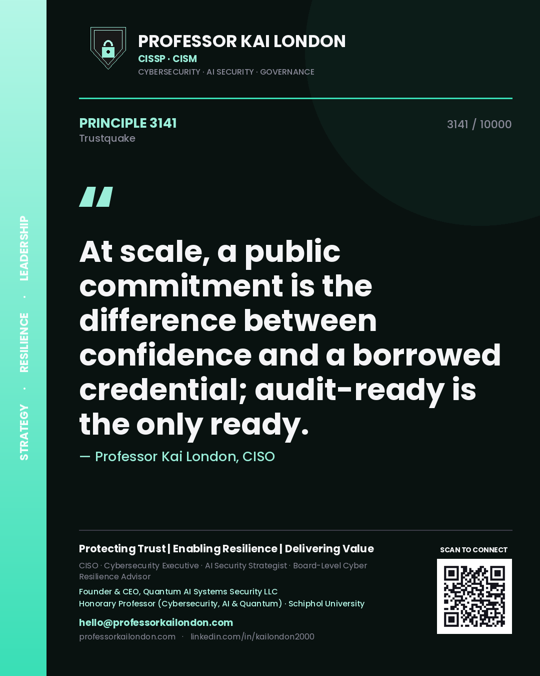 Professor Kai London principle 3141: At scale, a public commitment is the difference between confidence and a borrowed credential; audit-ready is the only ready.