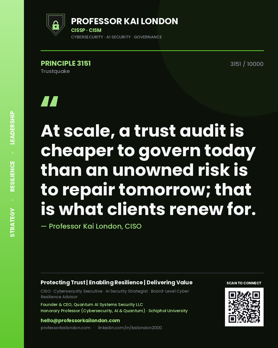 Quote card by Professor Kai London reading 'At scale, a trust audit is cheaper to govern today than an unowned risk is to repair tomorrow; that is what clients renew for.'. From the book Trustquake.